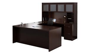 U Shaped Desks Mayline Office Furniture 72in x 102in Double Pedestal U-Desk with Glass Hutch