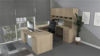 U Shaped Desks WFB Designs 71in x 102in Double Ped U-Desk w/ Curve User Side, Glass Modesty and Hutch