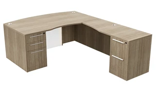L Shaped Desks WFB Designs 71in x 78in Bow Front Double Ped L-Desk w/ Curve User Side and Glass Modesty