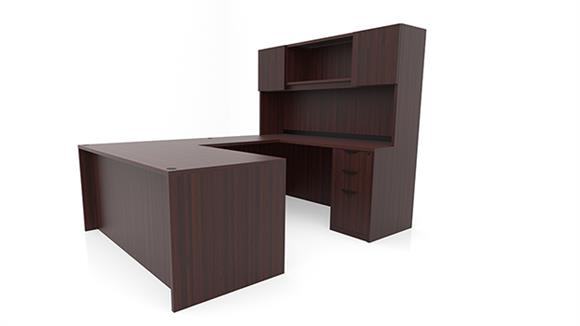 U Shaped Desks Office Source 66" x 89" Double Pedestal U-Desk with Door Hutch (66"x30" Desk, 35"x24" Bridge)