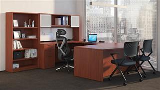 U Shaped Desks Office Source Bow Front Double Pedestal U-Desk with 2dr Glass Hutch and Bookcase