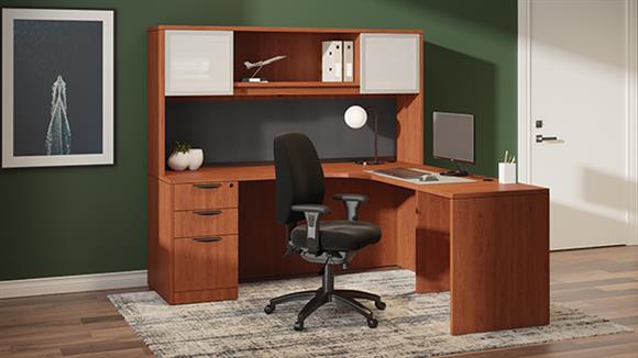Single Ped L-Desk with 2 door Glass Hutch