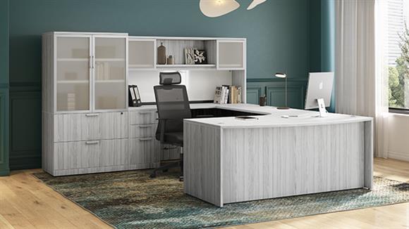 Extended Bow Front Double Pedestal U-Shaped Desk with 2Dr Glass Hutch and Storage Lateral Combo