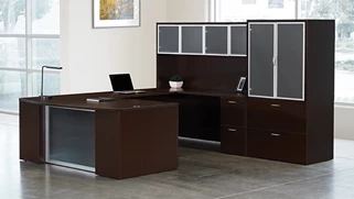 U Shaped Desks WFB Designs 72in x 112in Bow Front Glass Modesty U-Desk with Glass Door Hutch and Glass File Storage Unit