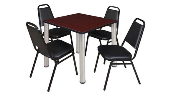 30in Square Breakroom Table- Mahogany/ Chrome & 4 Restaurant Stack Chairs- Black