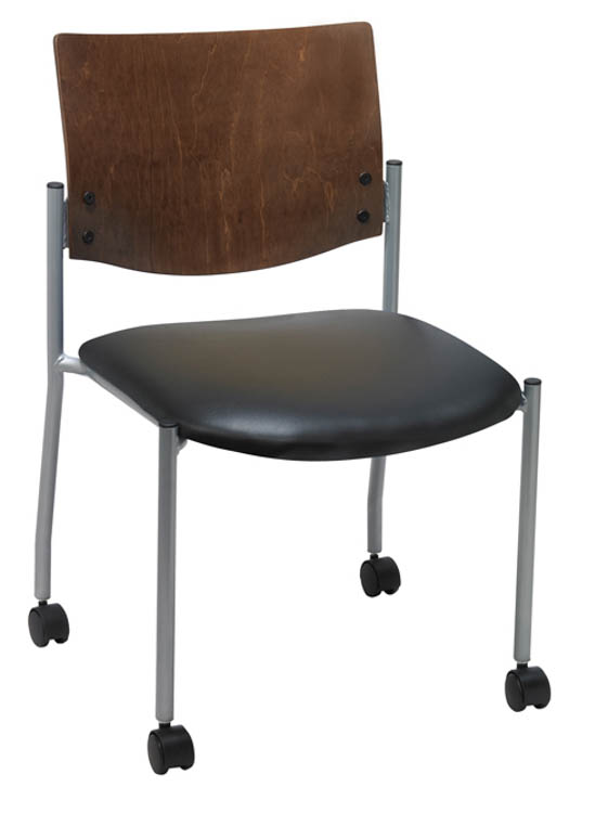 Side / Guest Chair, Armless with Wood Back and Casters by KFI Seating