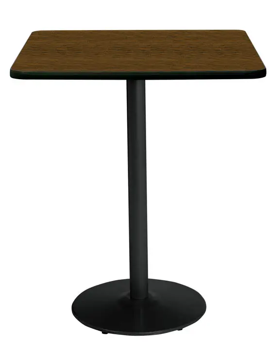 Square KFI 36" Square Breakroom Table with Walnut Top, Round Black Base, Bistro Height, 36 W, 36 L