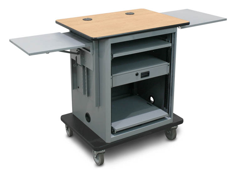 Marvel Vizion Instructor Series AV Cart - Silver, 14”W x 14.5”D Adjustable Height Side Shelf, 16”W x 17.5”D Slow Close Shelf by Marvel