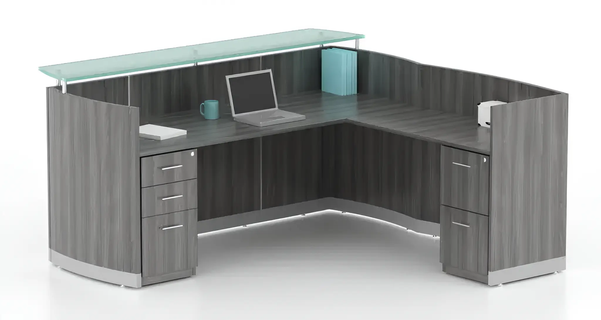 Reception L-Desk 87in W x 85in D with 2 and 3 Drawer Pedestals by Mayline Office Furniture