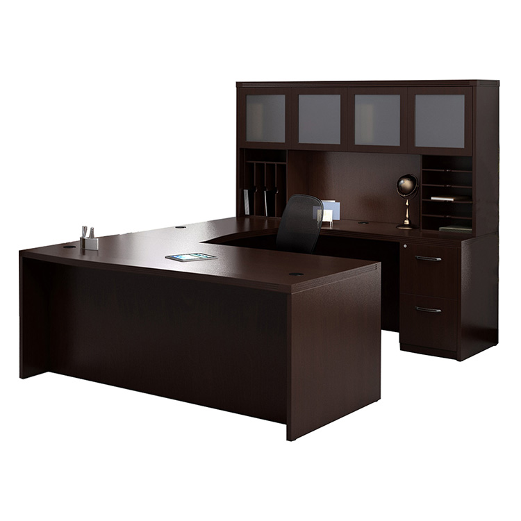 72in x 102in Double Pedestal U-Desk with Glass Hutch by Mayline Office Furniture