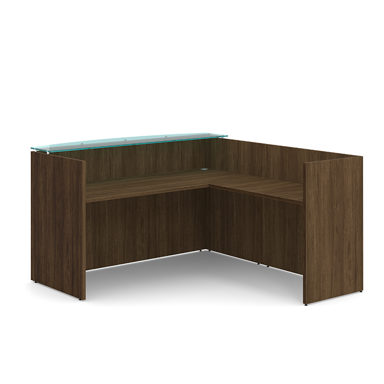 L-Shaped Reception Desk Shell w/ Laminate Bow Front Glass Counter by WFB Designs