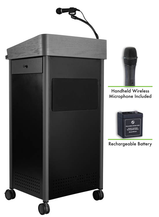 Lectern with Sound, Rechargeable Battery, Wireless Handheld Mic by National Public Seating