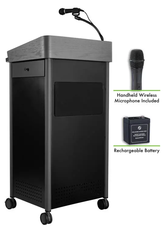 Lectern 24in W x 19in D x 46in H with Large Reading Surface and Wireless Handheld Mic by National Public Seating