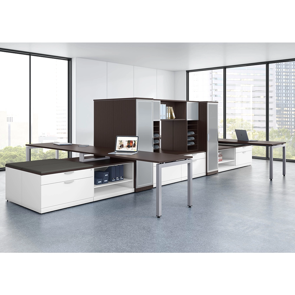 4 Person amPLe Workstation with Storage and White Bases by PBD Furniture