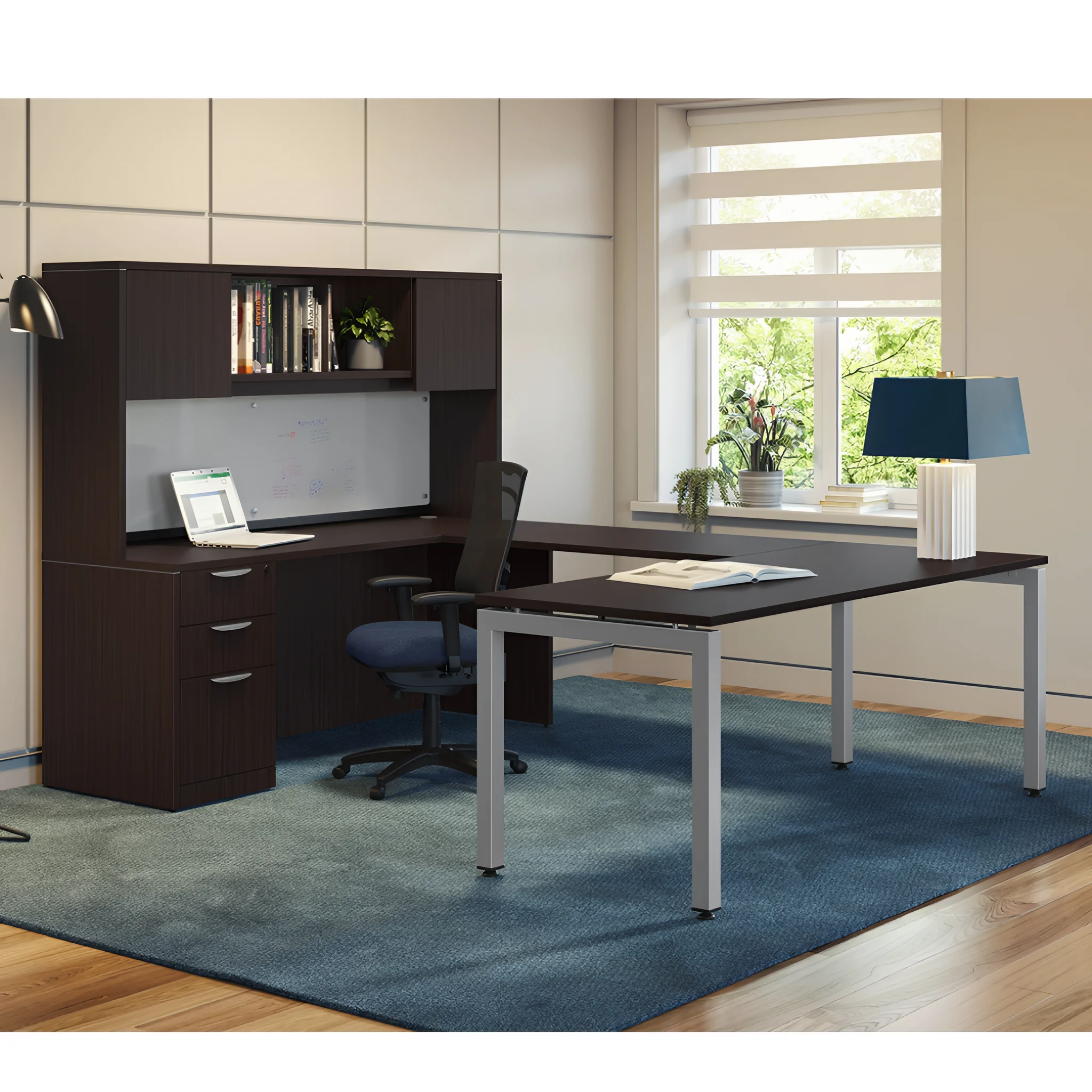 U-Desk 66in W x 96in D with 3 Drawer Pedestal and Wood Hutch with 2 Doors by PBD Furniture