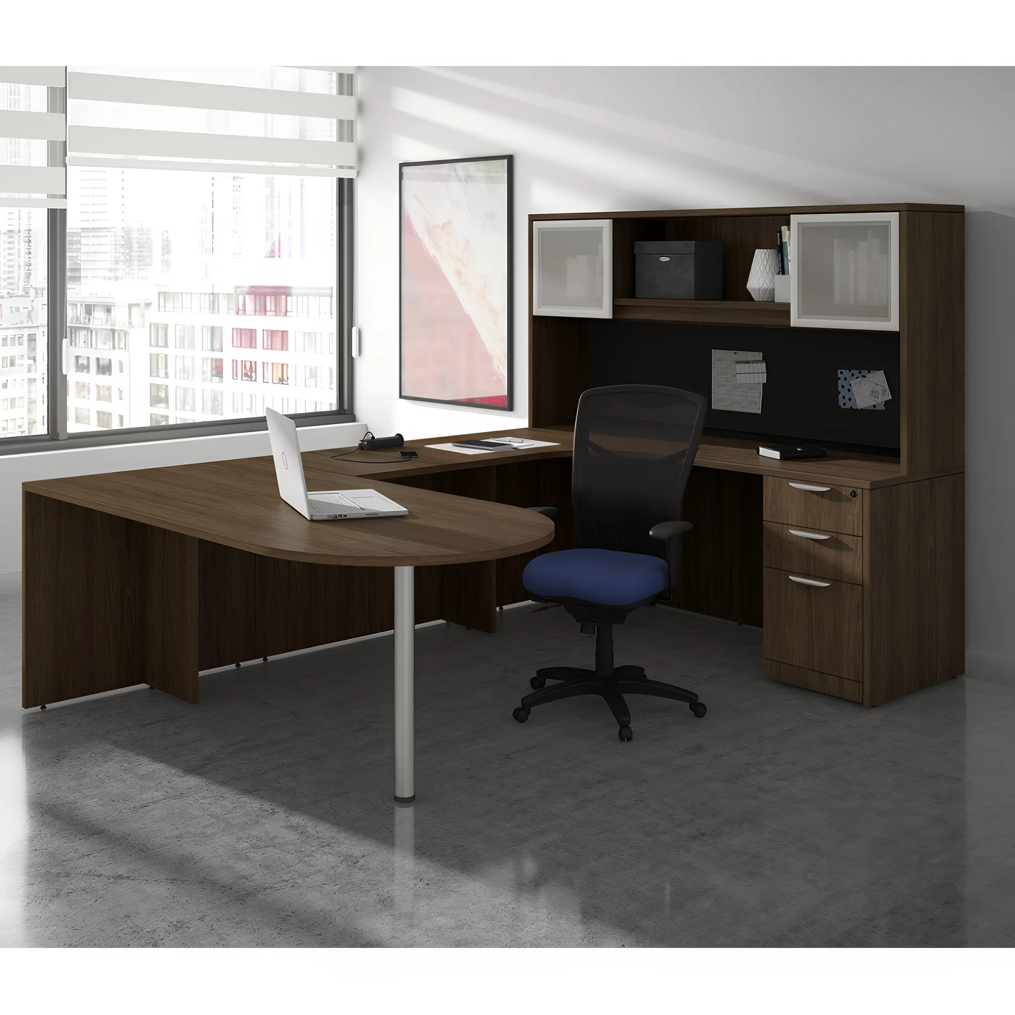 Bullet-End U-Desk 66in W x 96in D with 3 Drawer Pedestal and Hutch with 2 Glass Doors by PBD Furniture
