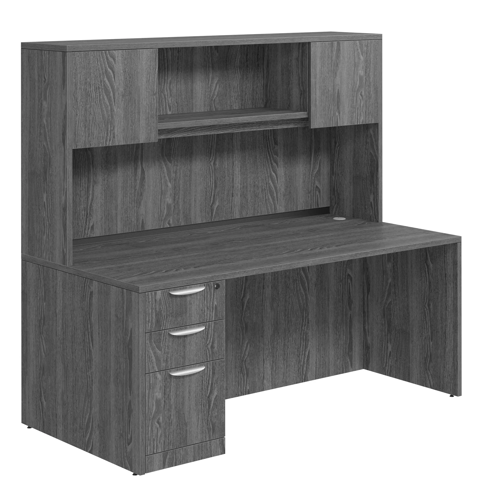 Desk 66in W x 24in D with 2 Wood Door Hutch and 3 Drawer Pedestal by PBD Furniture