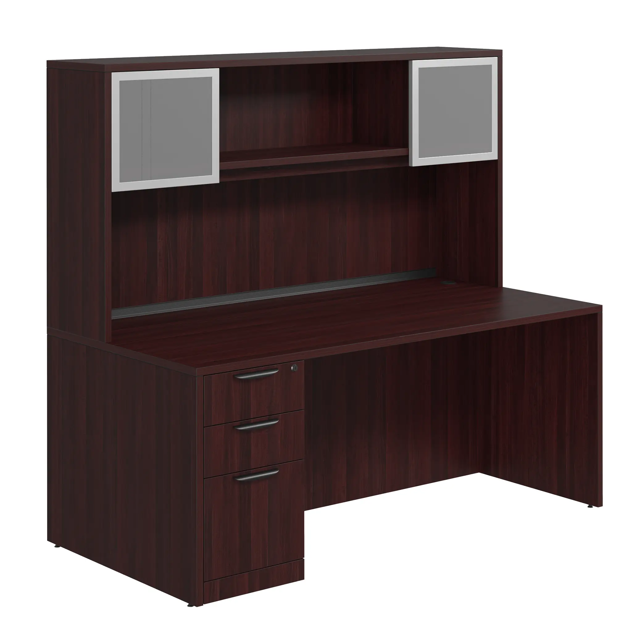 Desk 66in W x 24in D with Hutch with 2 Glass Doors and 3 Drawer Pedestal by PBD Furniture