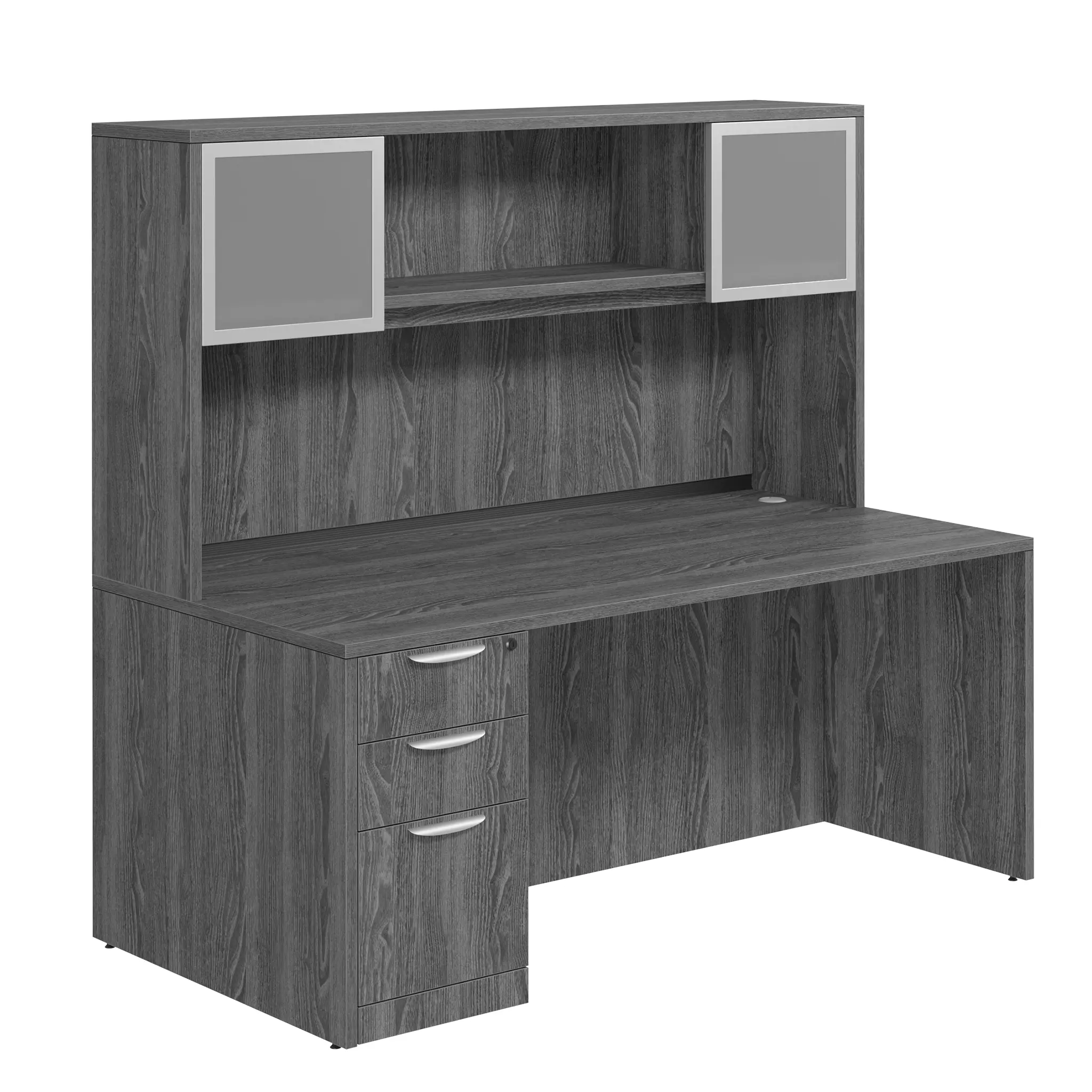 Desk 66in W x 30in D with 3 Drawer Pedestal and Hutch with 2 Glass Doors by PBD Furniture