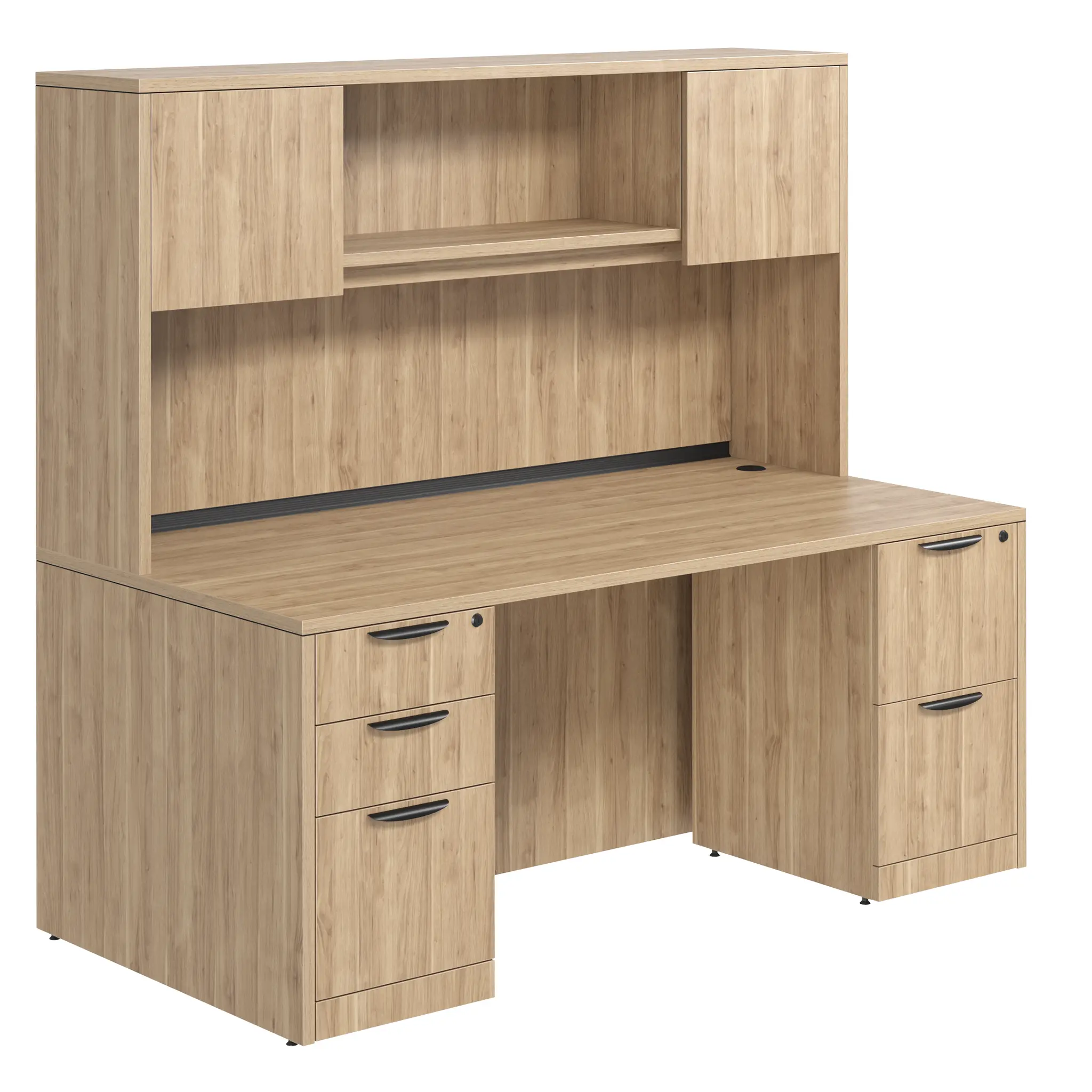 Desk 71in W x 30in D with 2 and 3 Drawer Pedestals and Wood Hutch with 2 Doors by PBD Furniture