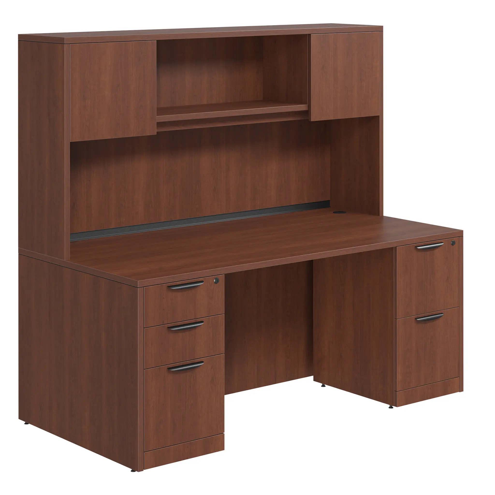 Desk 71in W x 36in D with 2 and 3 Drawer Pedestals and Wood Hutch with 2 Doors by PBD Furniture