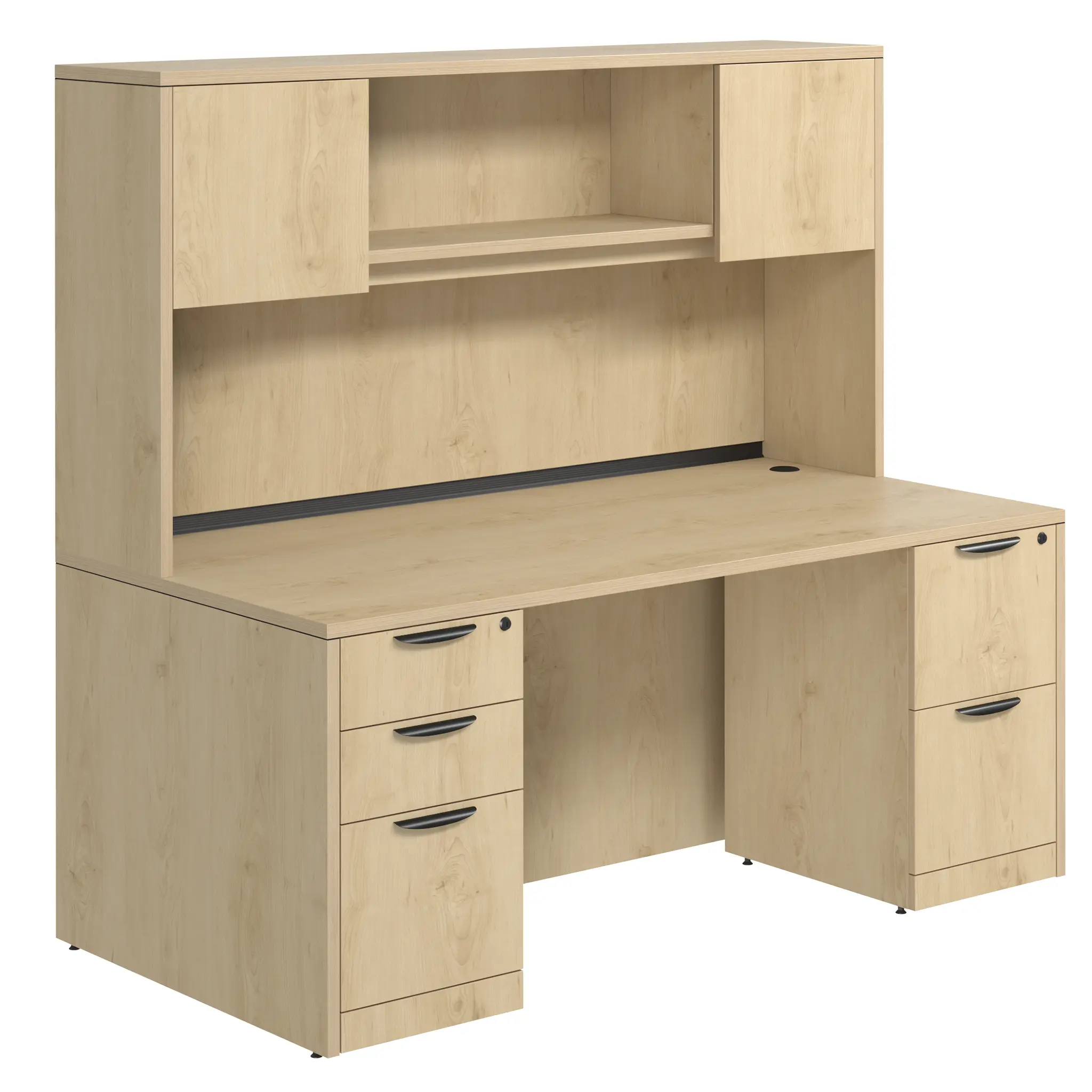 Desk 60in W x 24in D with 2 and 3 Drawer Pedestals and Wood Hutch with 2 Doors by PBD Furniture