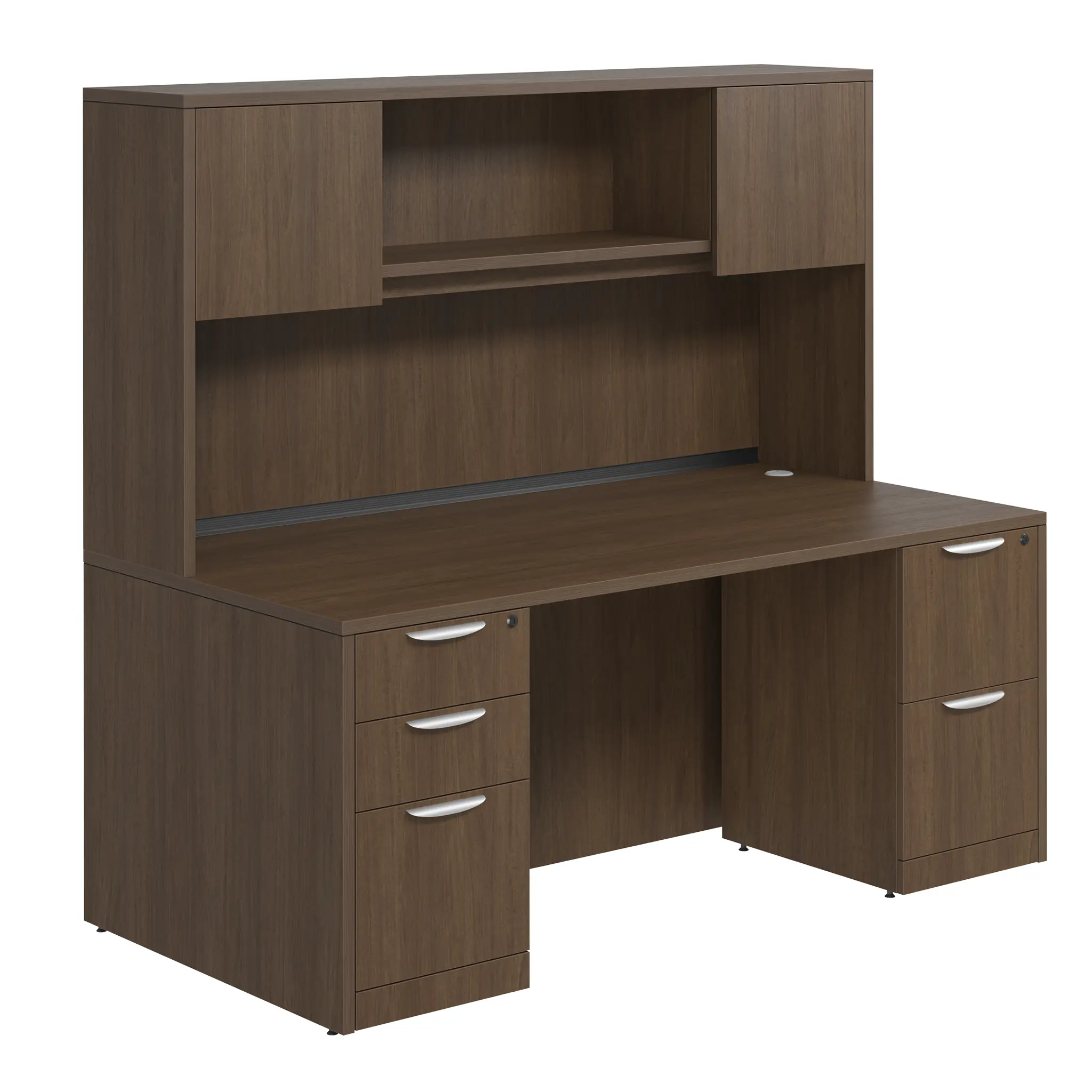 Desk 66in W x 24in D with 2 and 3 Drawer Pedestals and Wood Hutch with 2 Doors by PBD Furniture