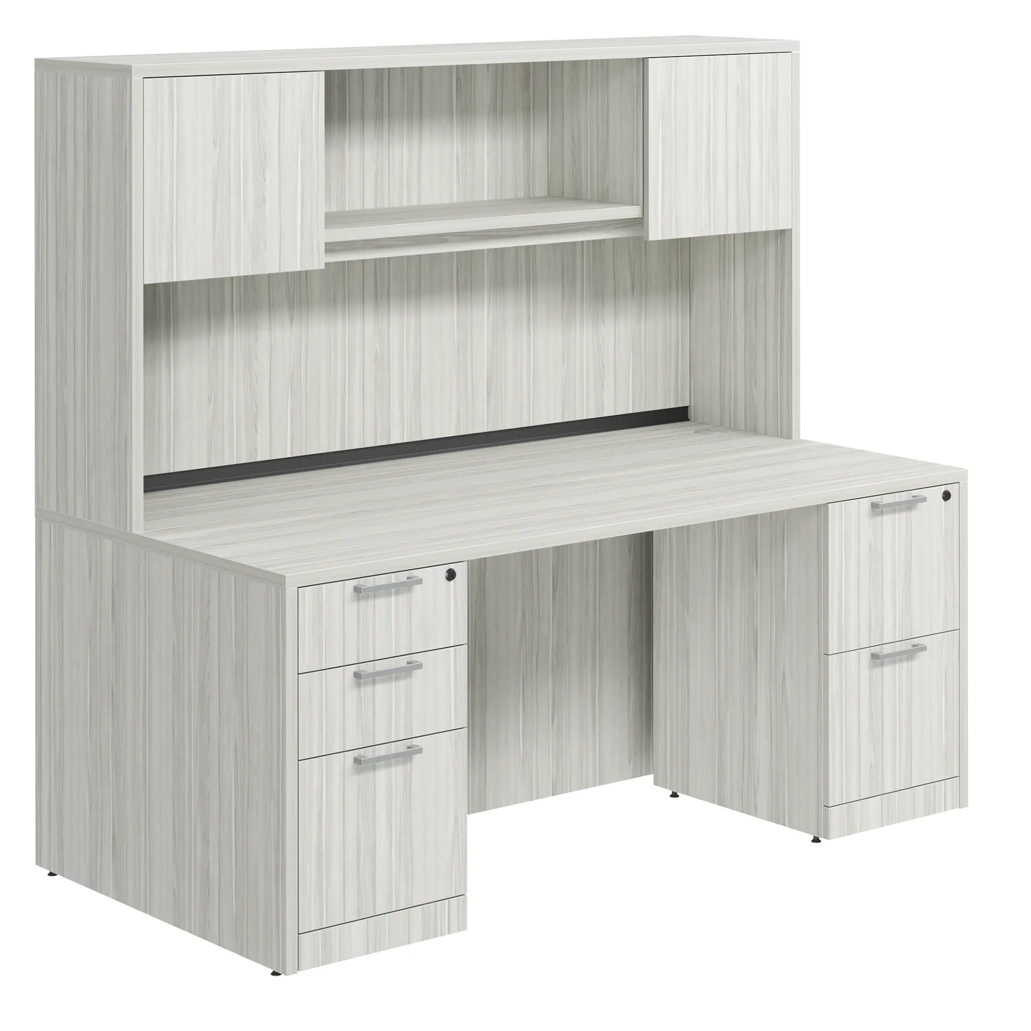 Desk 60in W x 30in D with 2 and 3 Drawer Pedestals and Wood Hutch with 2 Doors by PBD Furniture