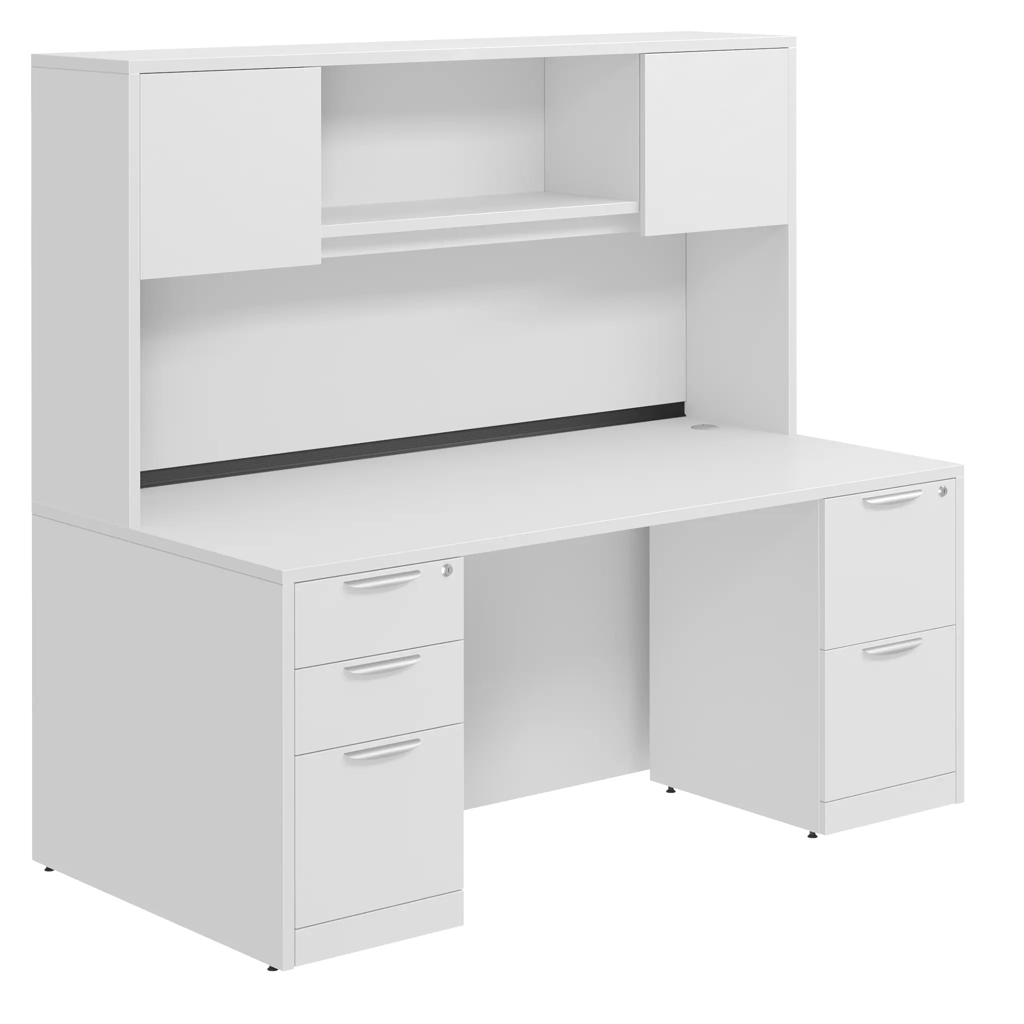 Desk 66in W x 30in D with 2 and 3 Drawer Pedestals and Wood Hutch with 2 Doors by PBD Furniture