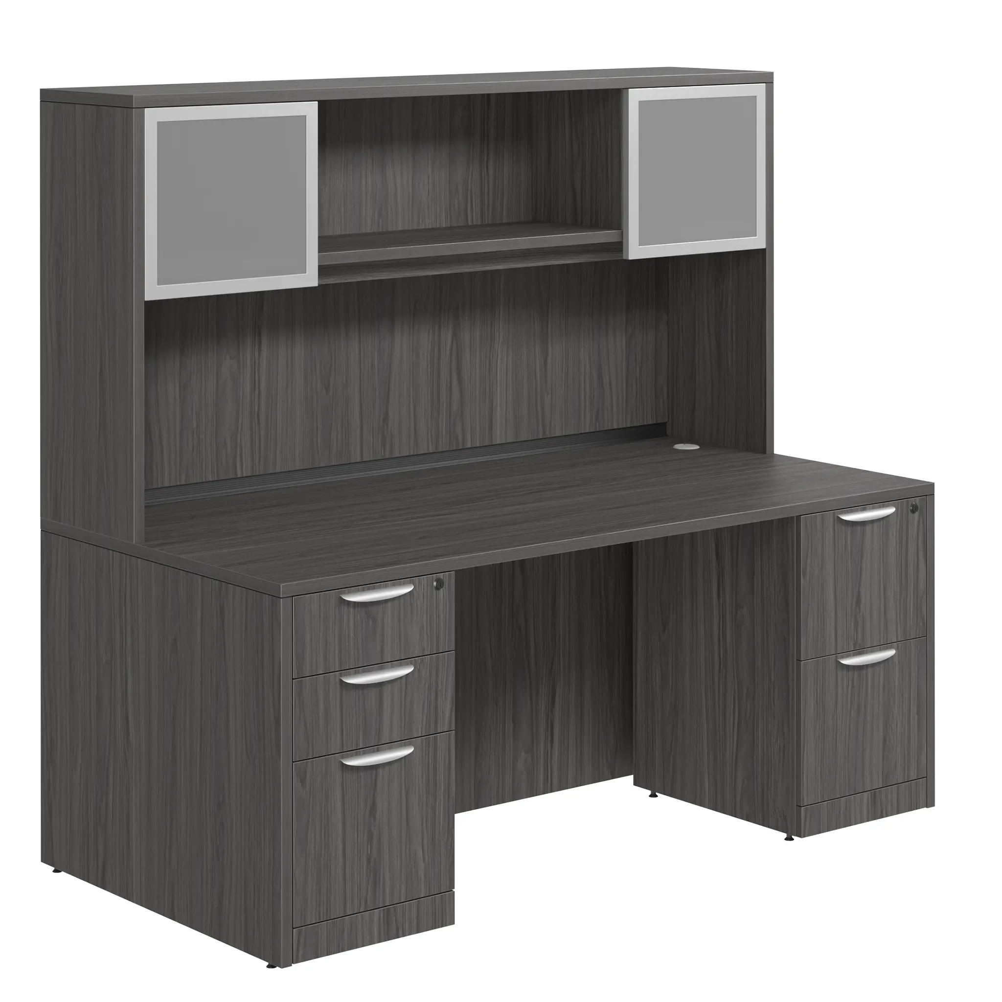 Desk 60in W x 24in D with 2 and 3 Drawer Pedestals and Hutch with 2 Glass Doors by PBD Furniture