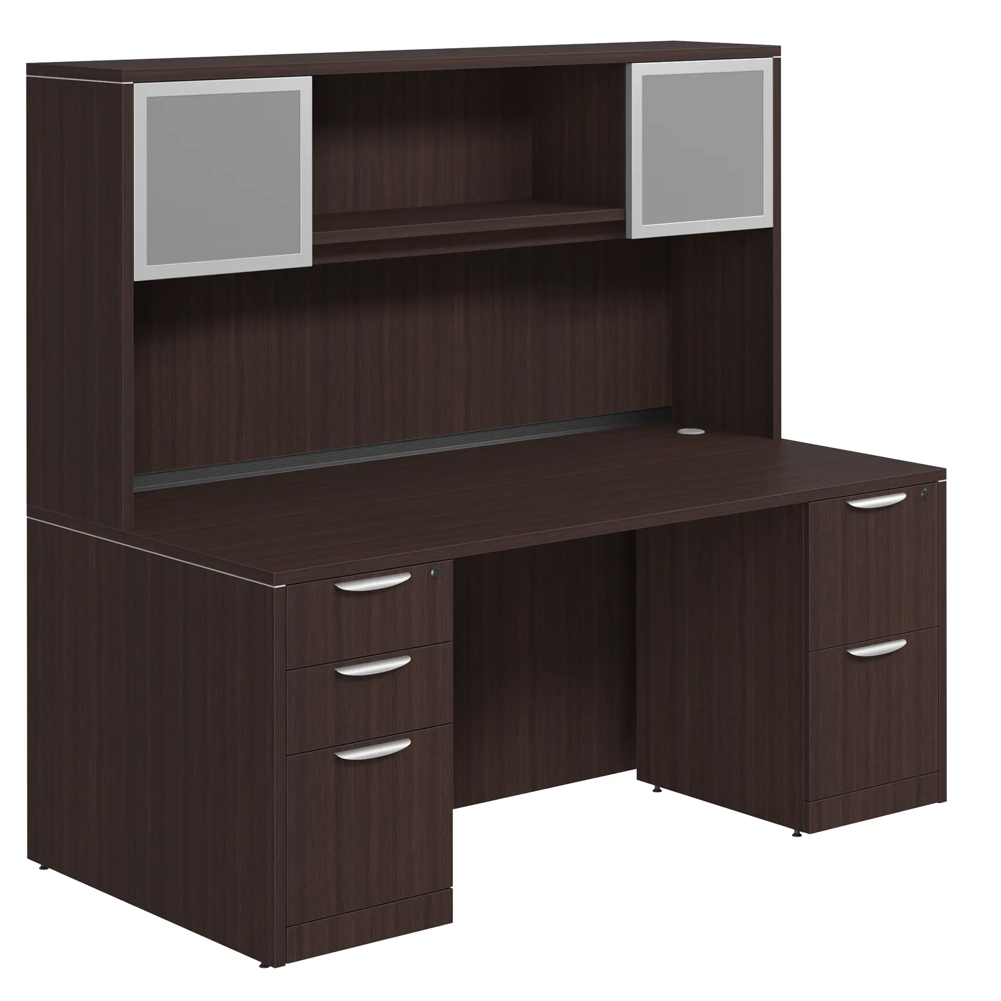 Desk 66in W x 24in D with 2 and 3 Drawer Pedestals and Hutch with 2 Glass Doors by PBD Furniture