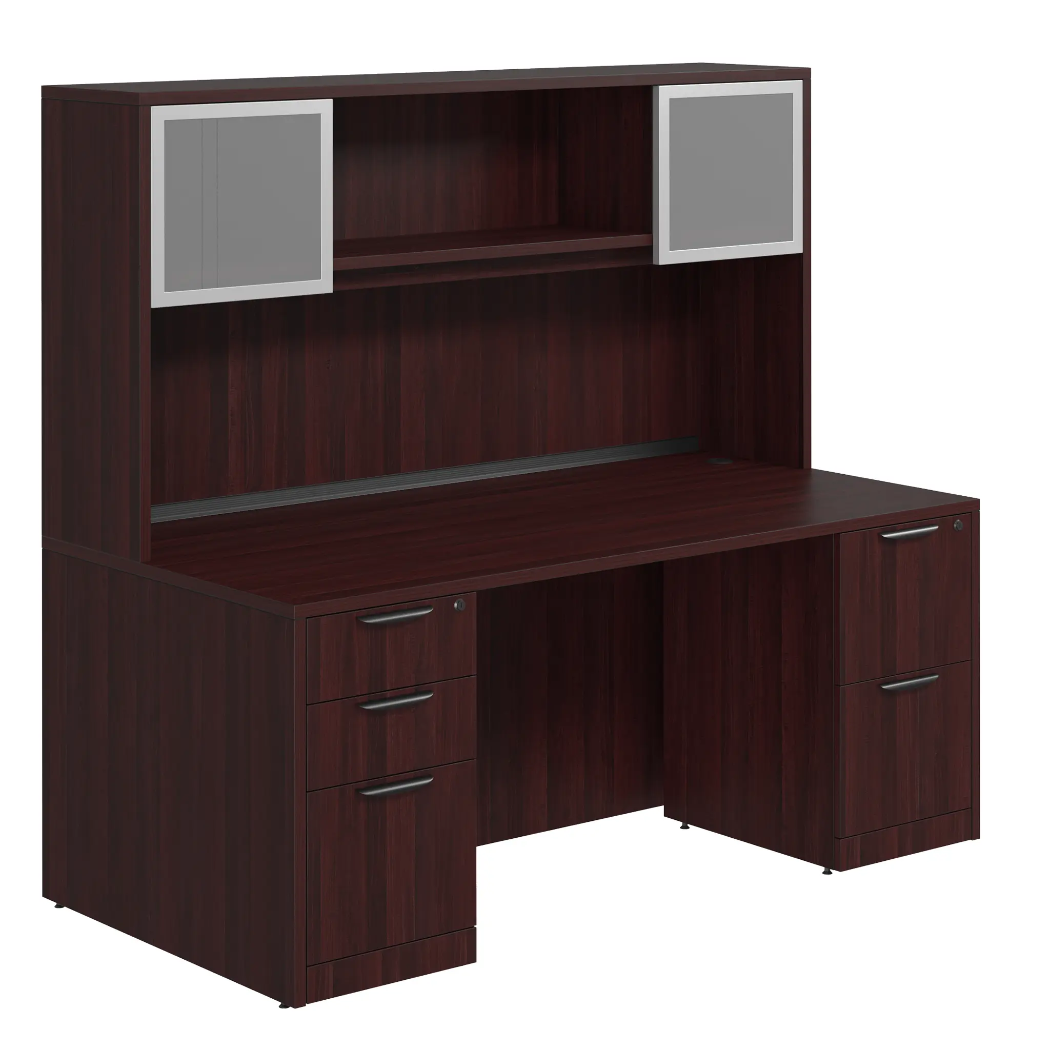 Desk 71in W x 24in D with 2 and 3 Drawer Pedestals and Hutch with 2 Glass Doors by PBD Furniture