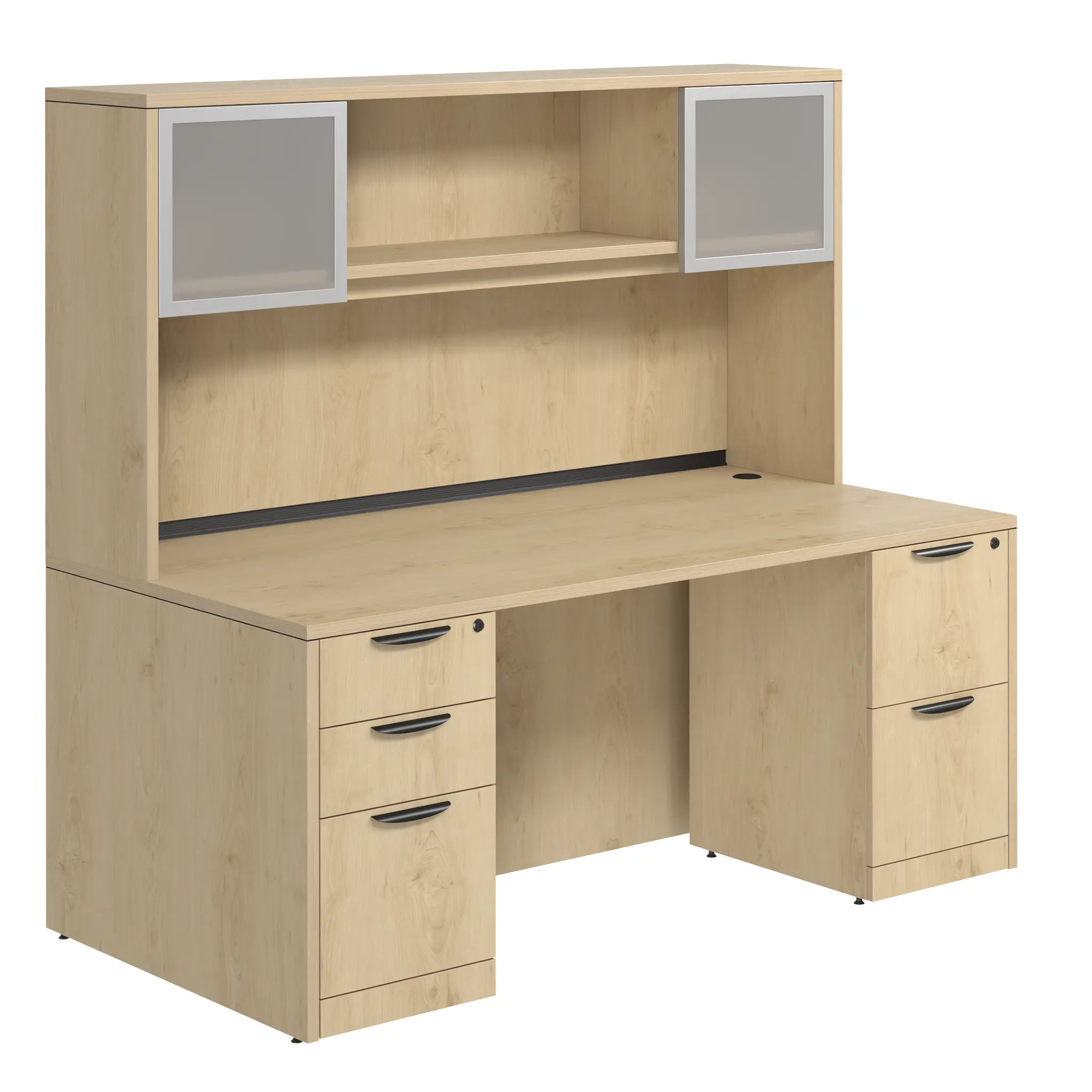 Desk 60in W x 30in D with 2 and 3 Drawer Pedestals and Hutch with 2 Glass Doors by PBD Furniture