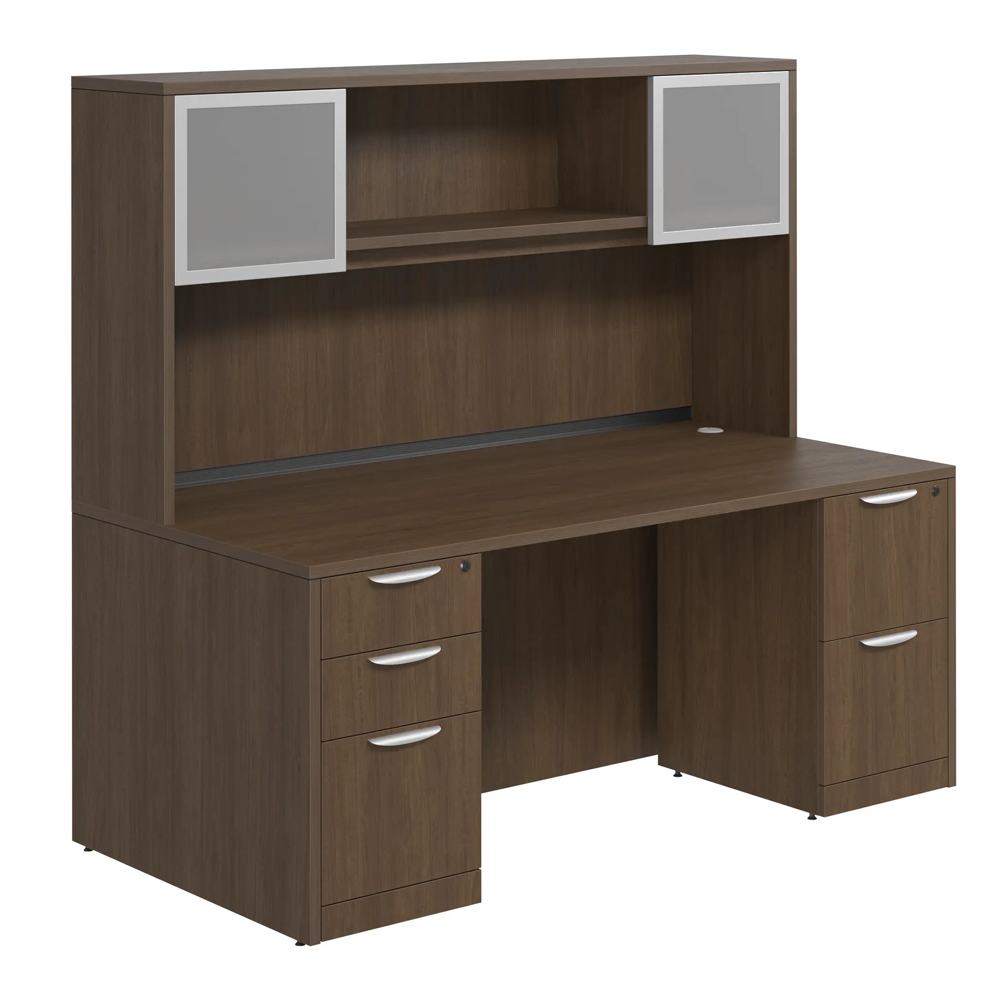 Desk 66in W x 30in D with 2 and 3 Drawer Pedestals and Hutch with 2 Glass Doors by PBD Furniture