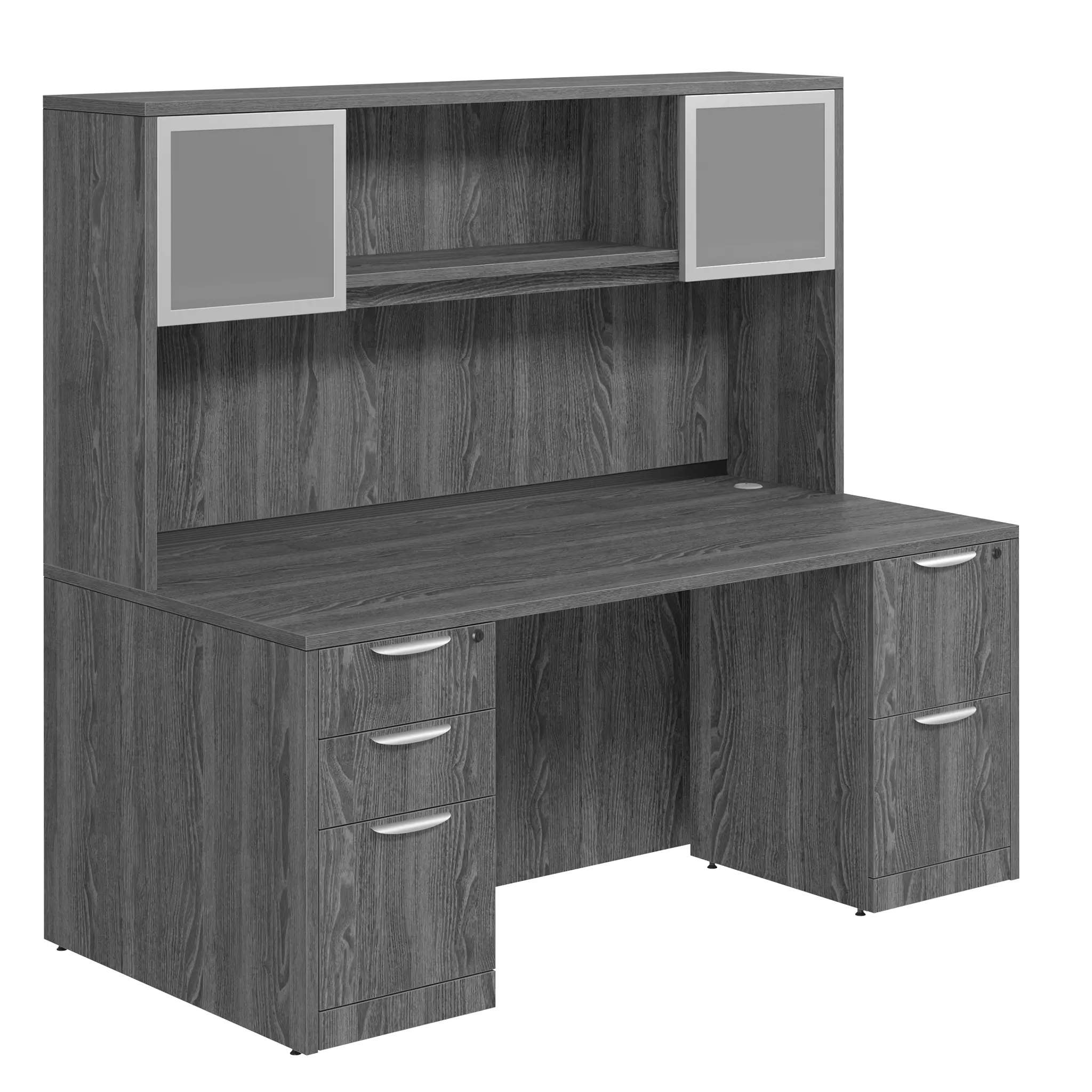 Desk 71in W x 30in D with 2 and 3 Drawer Pedestals and Hutch with 2 Glass Doors by PBD Furniture