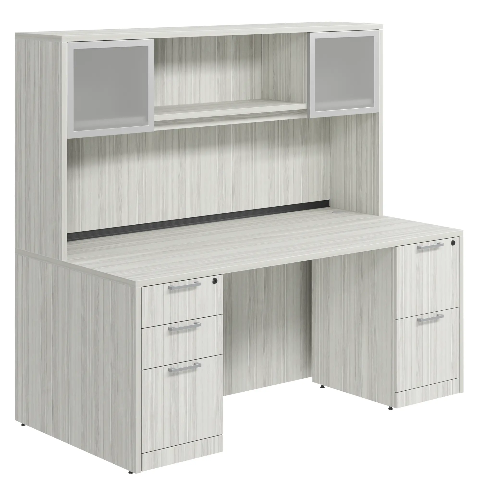 Desk 71in W x 36in D with 2 and 3 Drawer Pedestals and Hutch with 2 Glass Doors by PBD Furniture