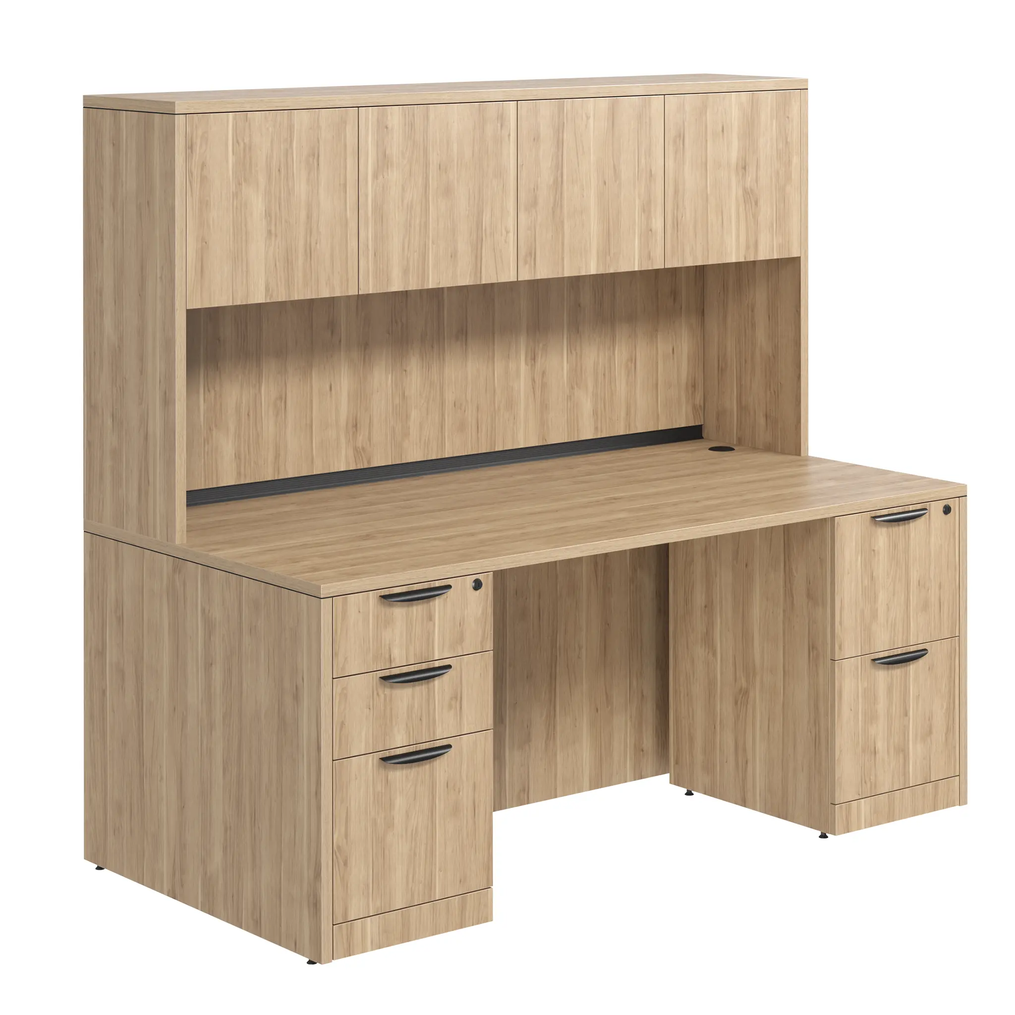 Desk 66in W x 24in D with 2 and 3 Drawer Pedestals and Wood Hutch with 4 Doors by PBD Furniture