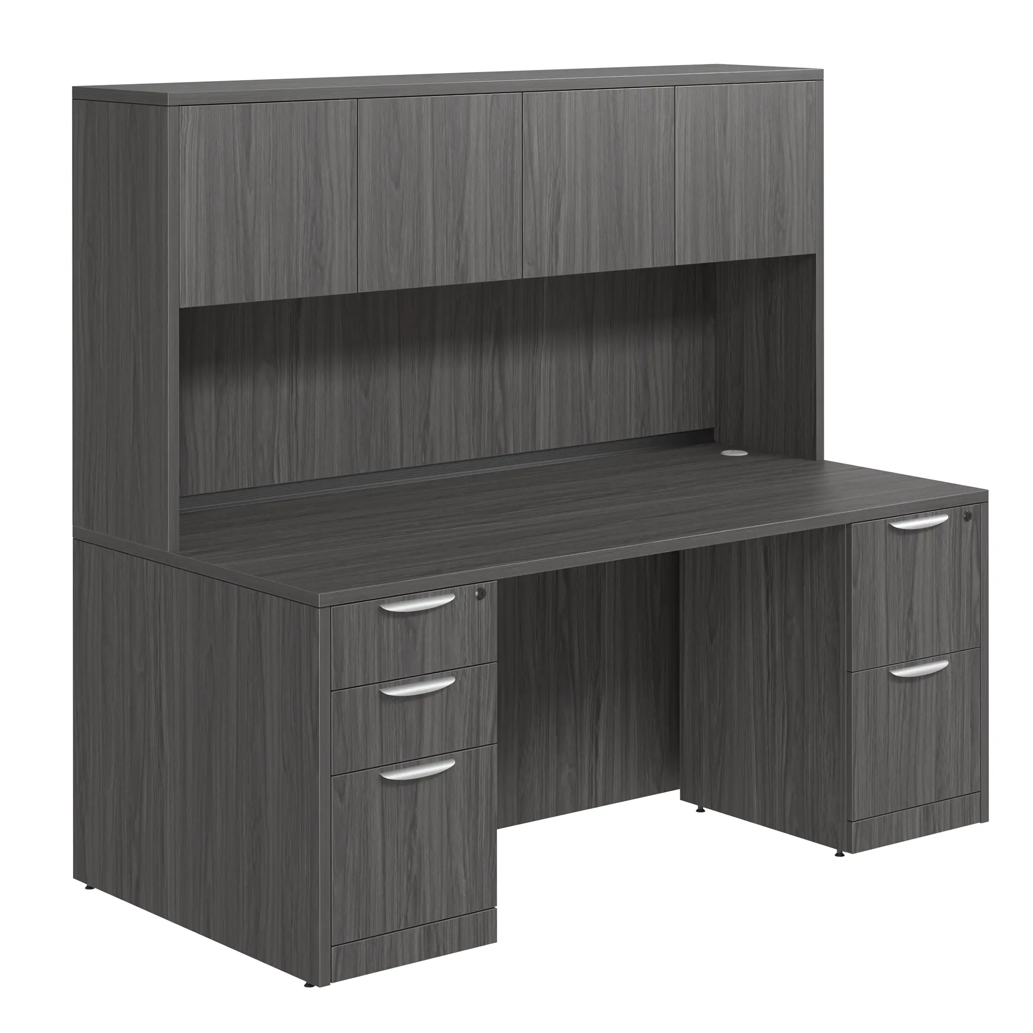 Desk 60in W x 30in D with 2 and 3 Drawer Pedestals and Wood Hutch with 4 Doors by PBD Furniture