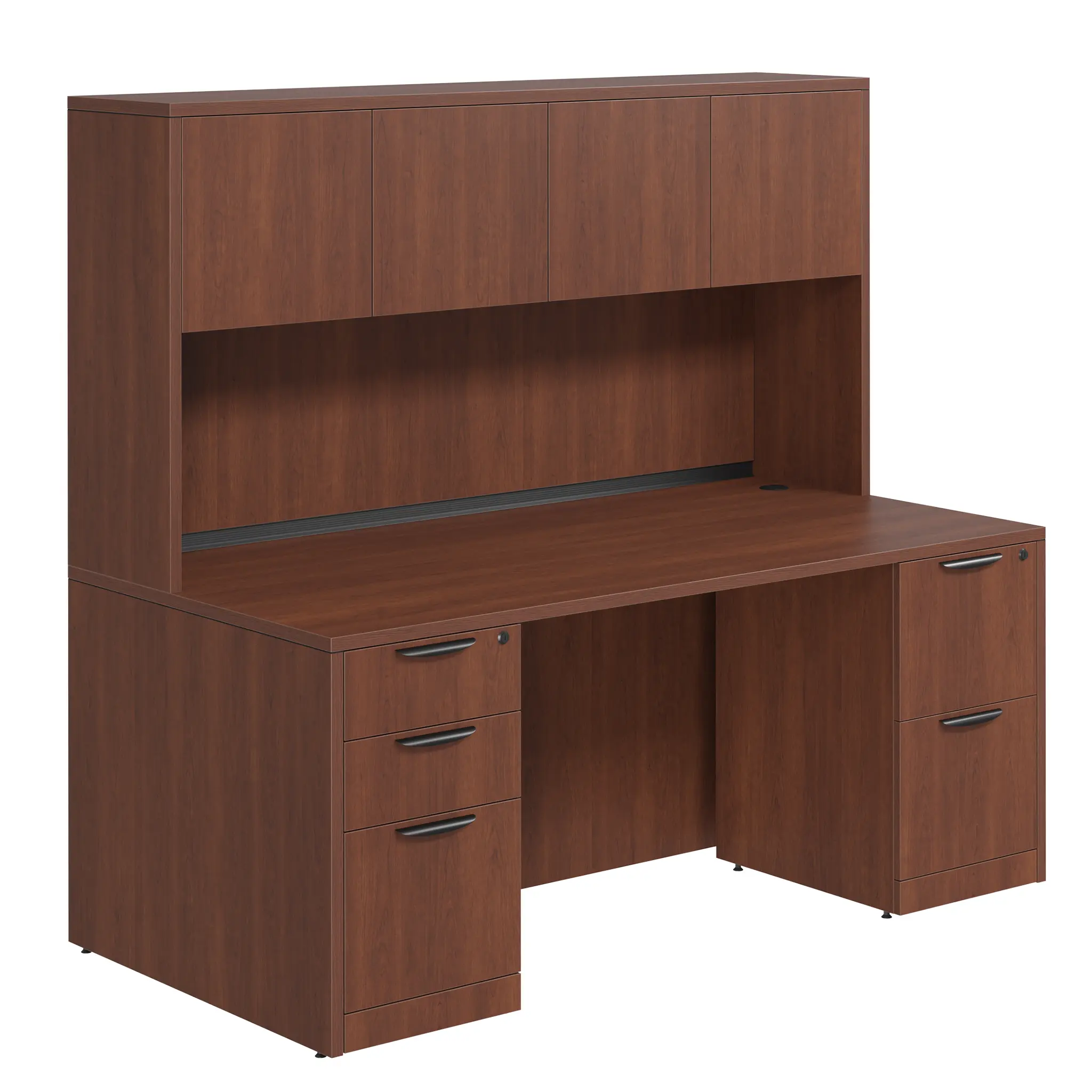 Desk 71in W x 24in D with 2 and 3 Drawer Pedestals and Wood Hutch with 4 Doors by PBD Furniture