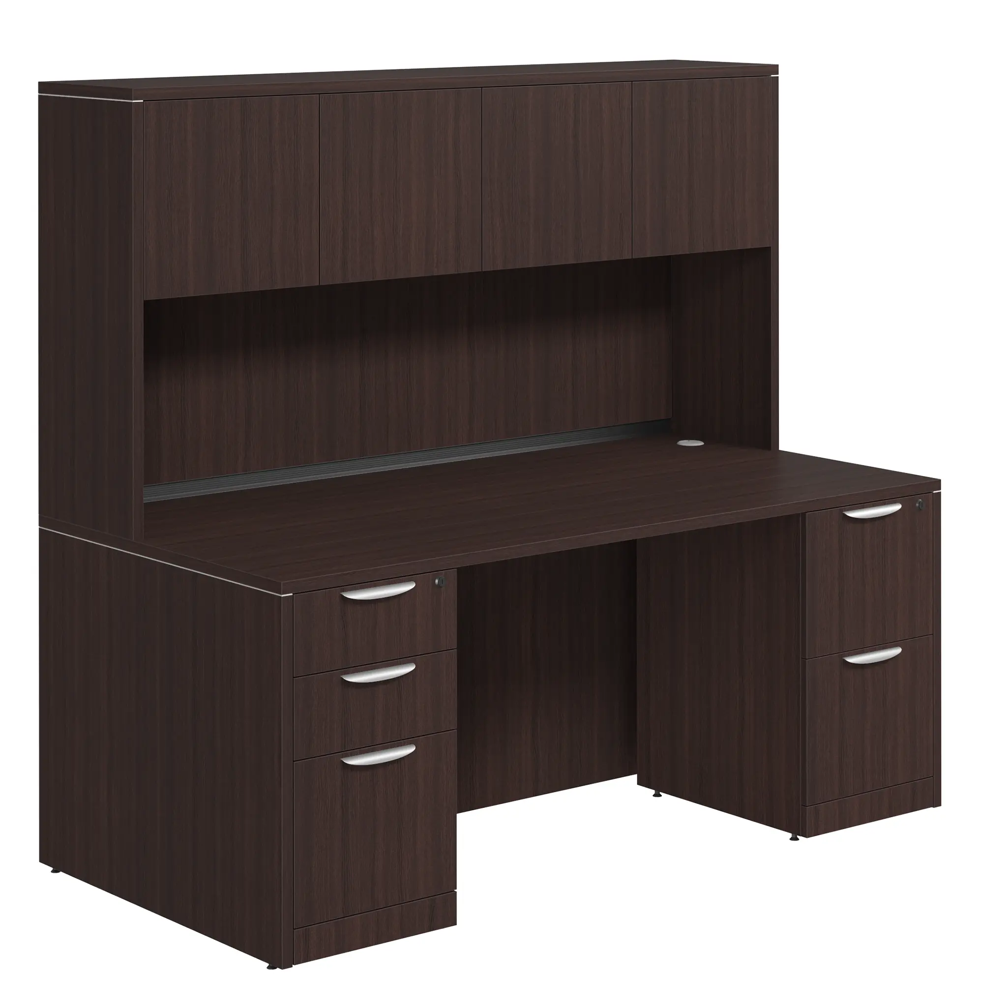 Desk 66in W x 30in D with 2 and 3 Drawer Pedestals and Wood Hutch with 4 Doors by PBD Furniture
