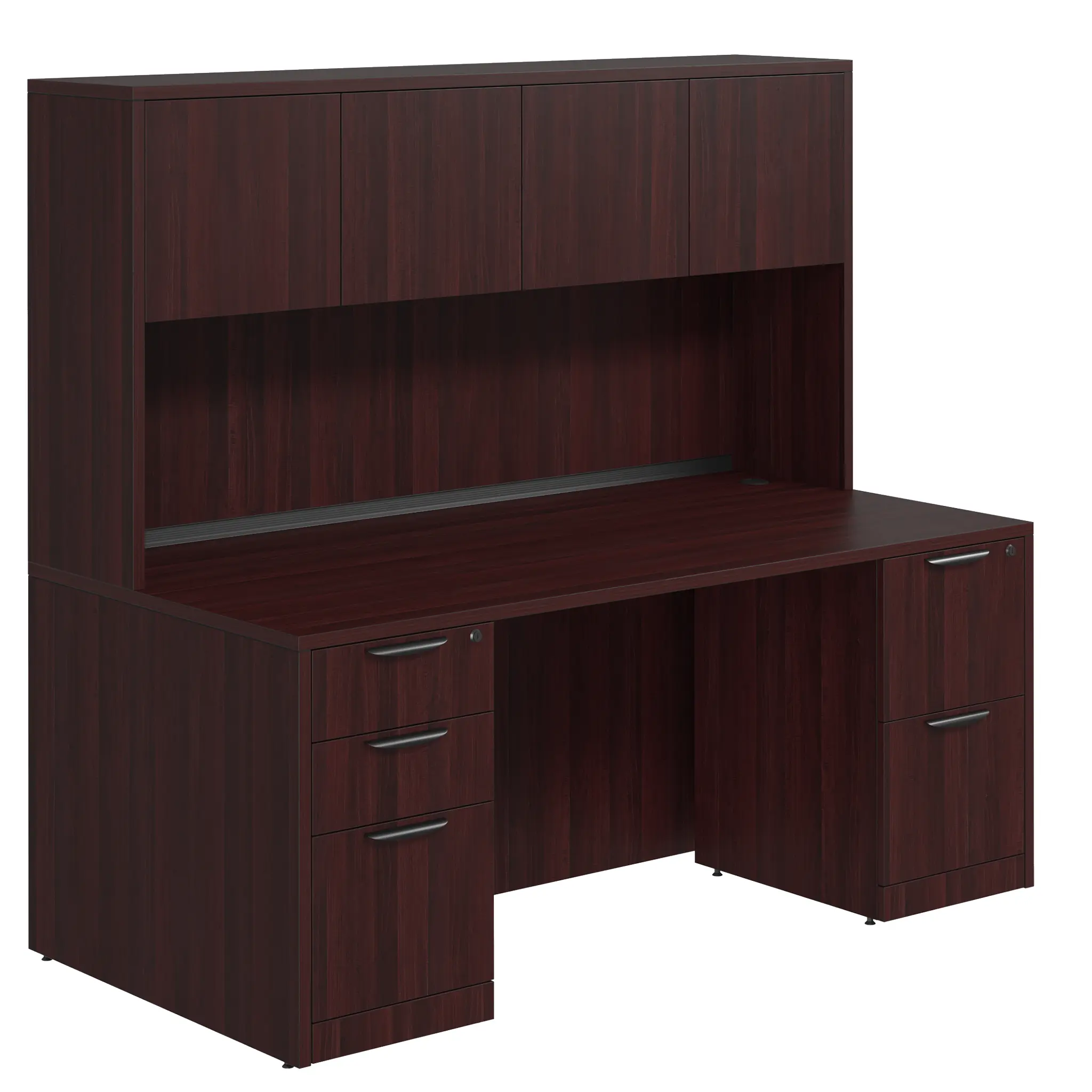 Desk 71in W x 30in D with 2 and 3 Drawer Pedestals and Wood Hutch with 4 Doors by PBD Furniture