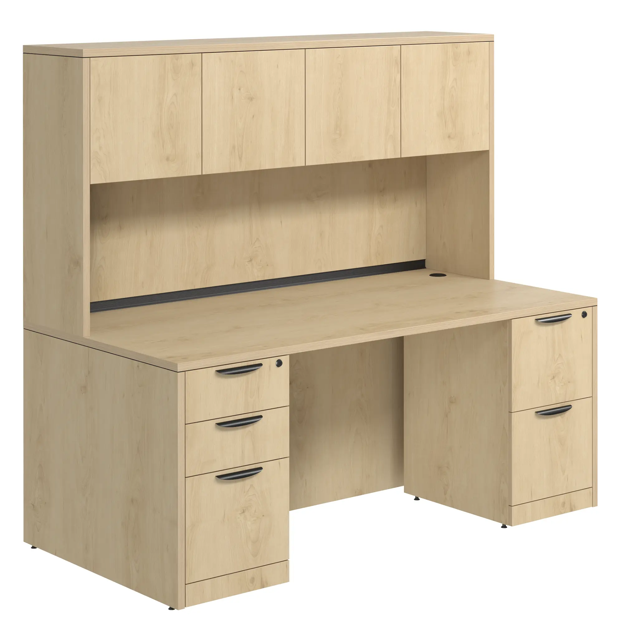 Desk 71in W x 36in D with 2 and 3 Drawer Pedestals and Wood Hutch with 4 Doors by PBD Furniture