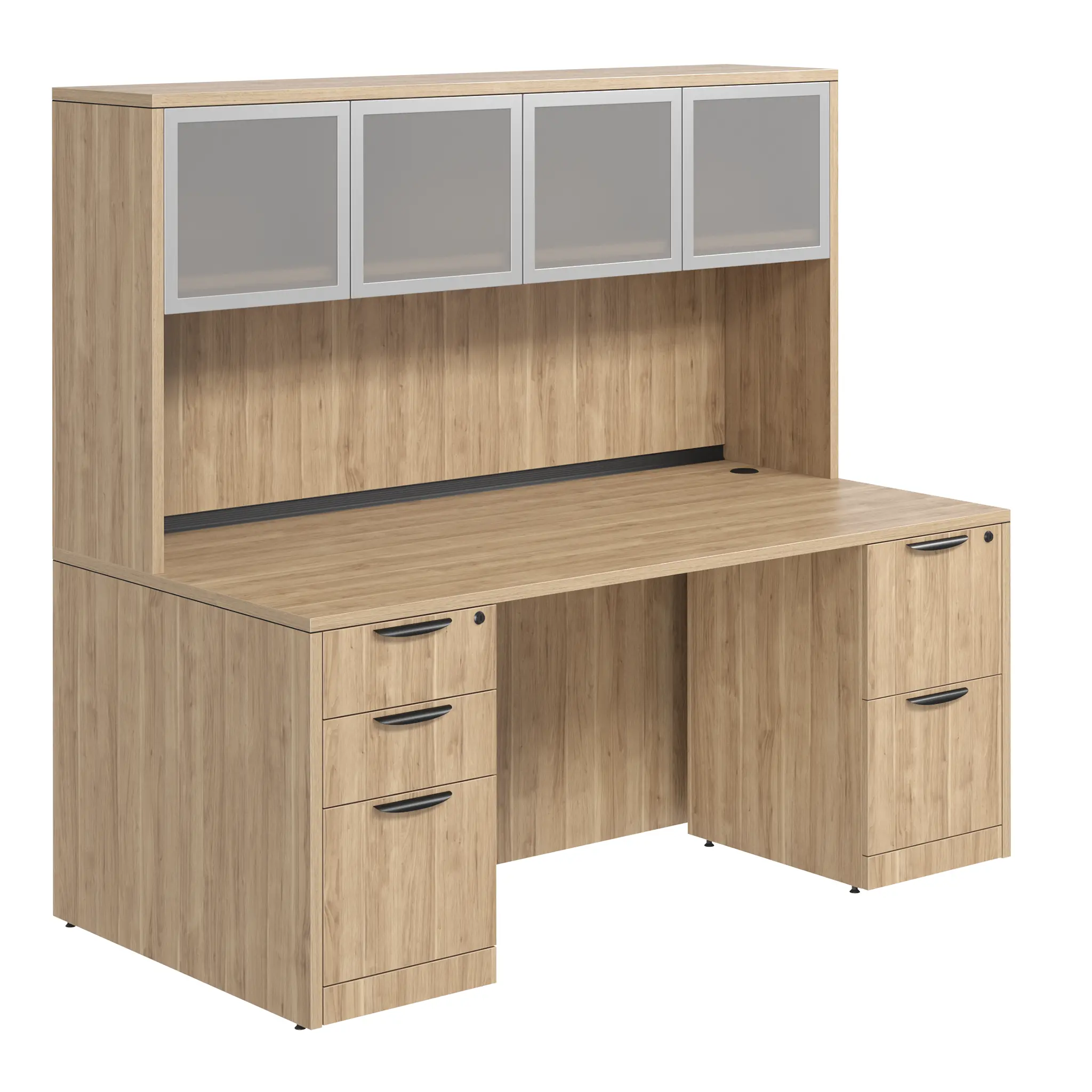 Desk 66in W x 30in D with 2 and 3 Drawer Pedestals and Hutch with 4 Glass Doors by PBD Furniture