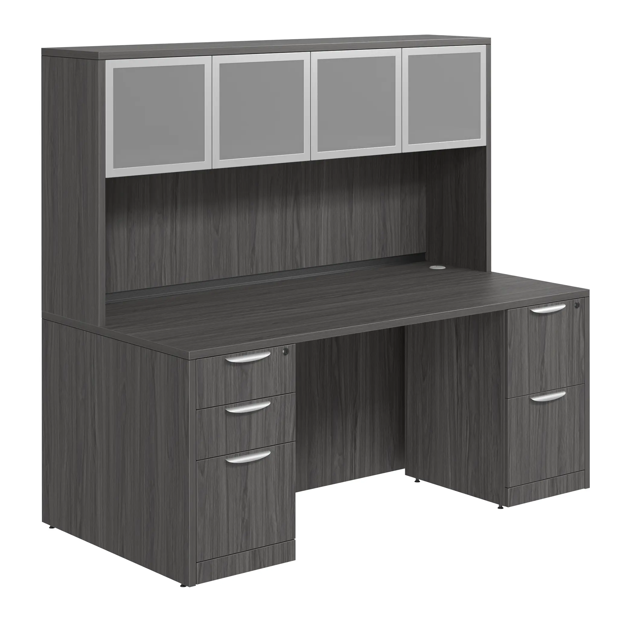 Desk 71in W x 36in D with 2 and 3 Drawer Pedestals and Hutch with 4 Glass Doors by PBD Furniture
