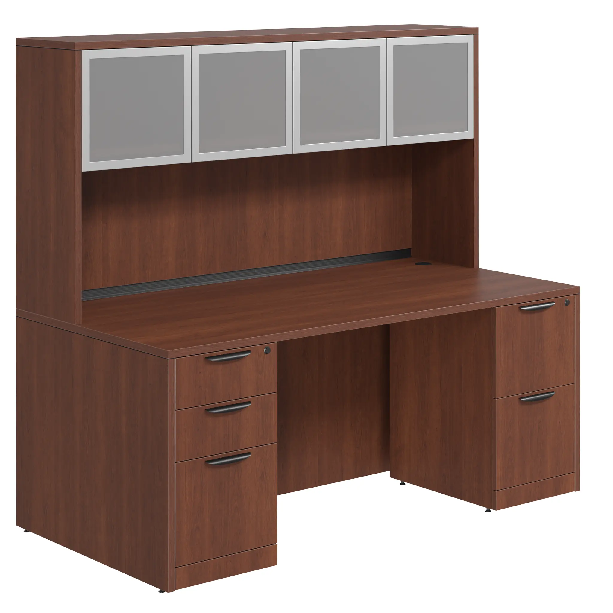 Desk 71in W x 30in D with 2 and 3 Drawer Pedestals and Hutch with 4 Glass Doors by PBD Furniture