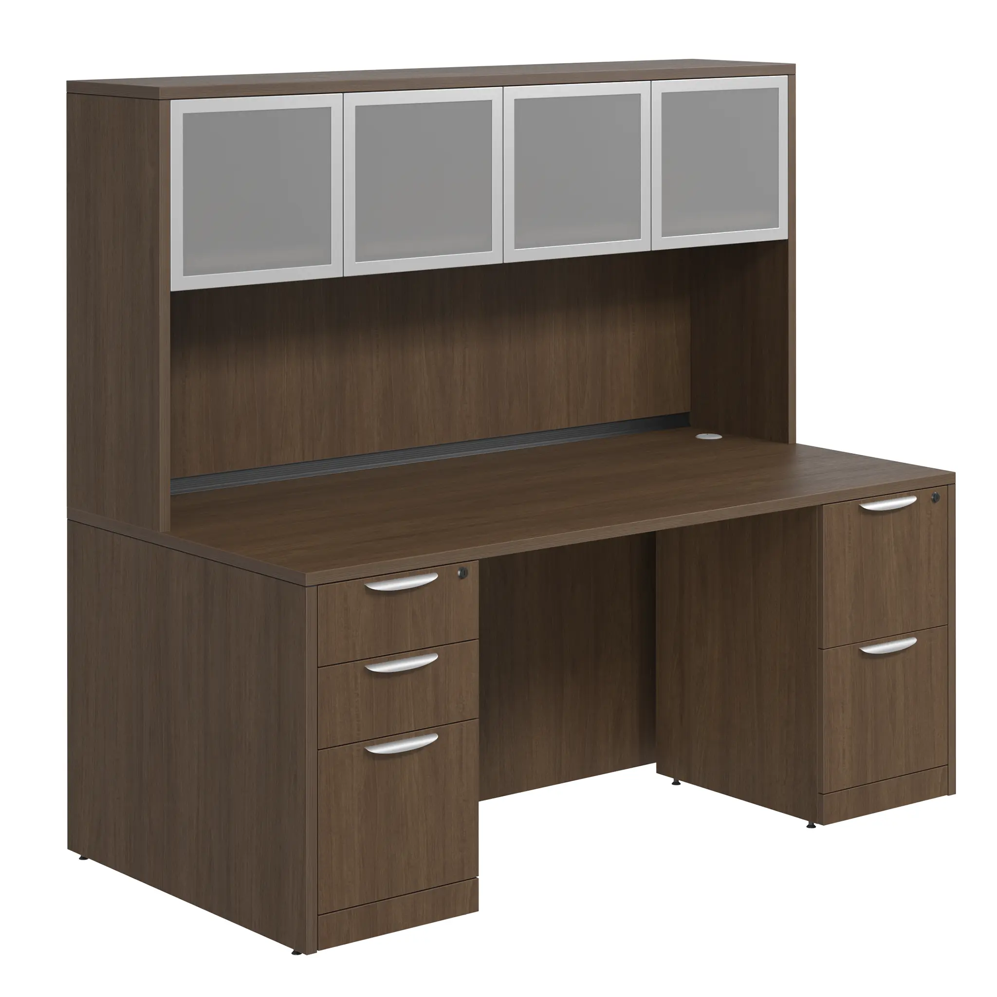 Desk 60in W x 24in D with 2 and 3 Drawer Pedestals and Hutch with 4 Glass Doors by PBD Furniture