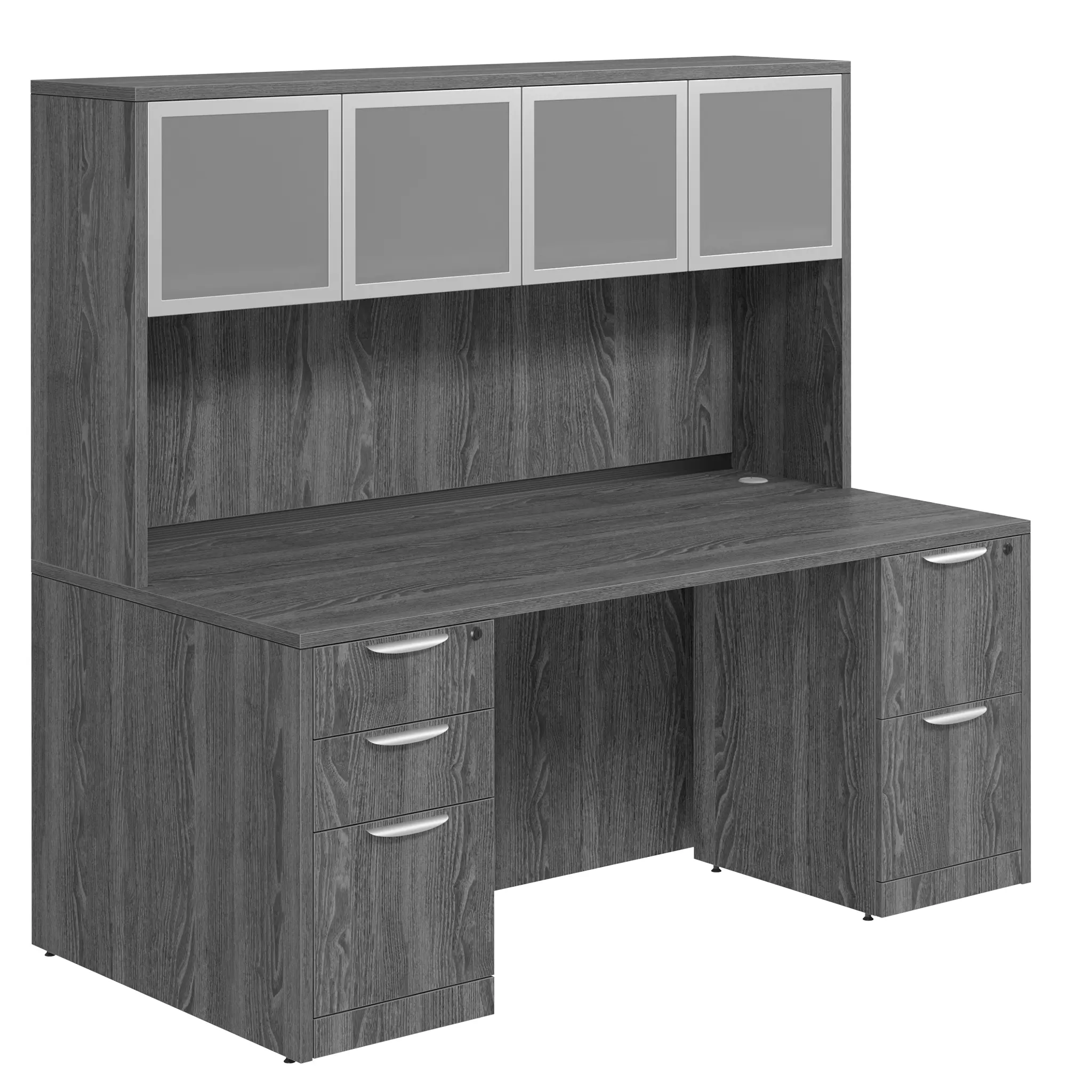 Desk 66in W x 24in D with 2 and 3 Drawer Pedestals and Hutch with 4 Glass Doors by PBD Furniture