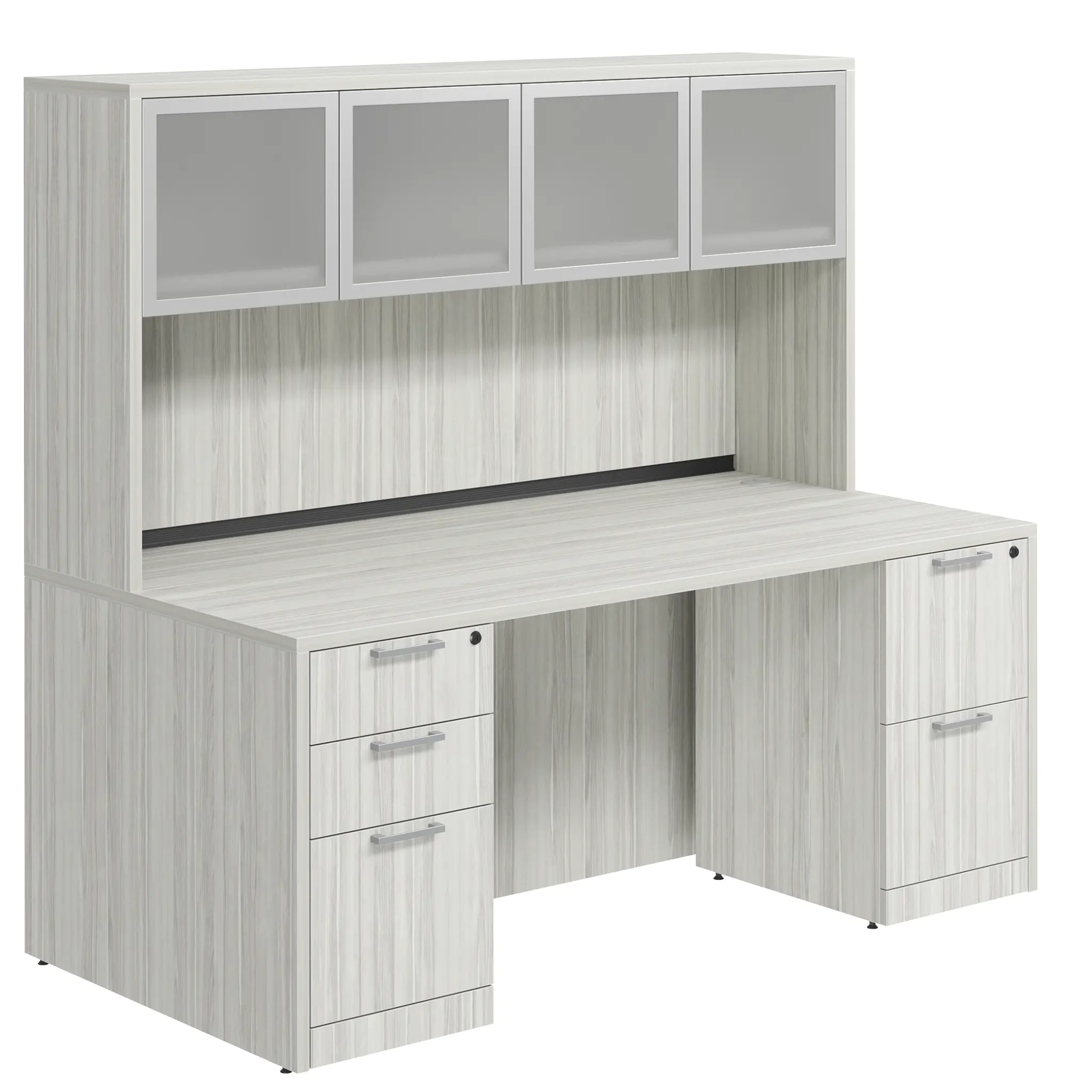 Desk 71in W x 24in D with 2 and 3 Drawer Pedestals and Hutch with 4 Glass Doors by PBD Furniture