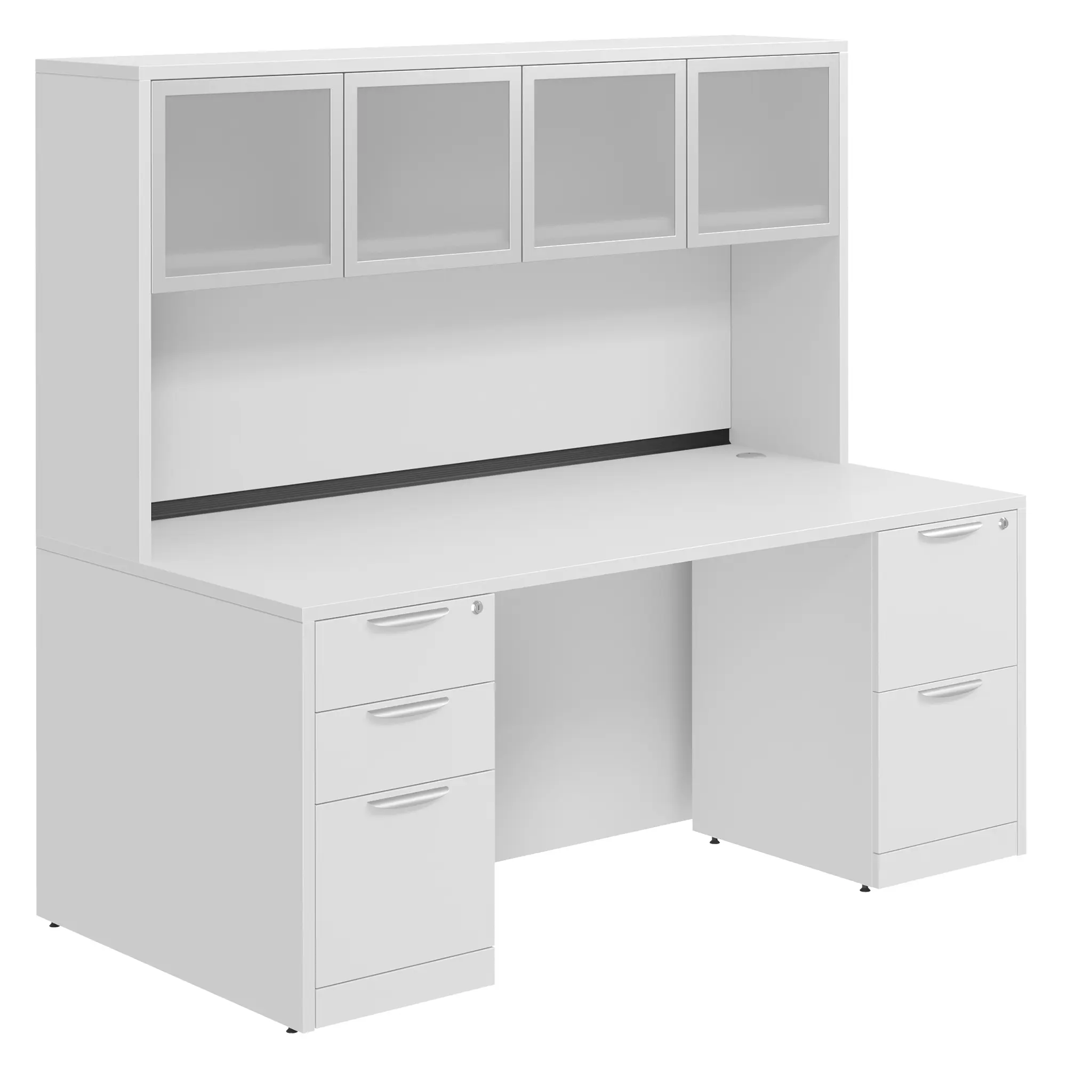 Desk 60in W x 30in D with 2 and 3 Drawer Pedestals and Hutch with 4 Glass Doors by PBD Furniture