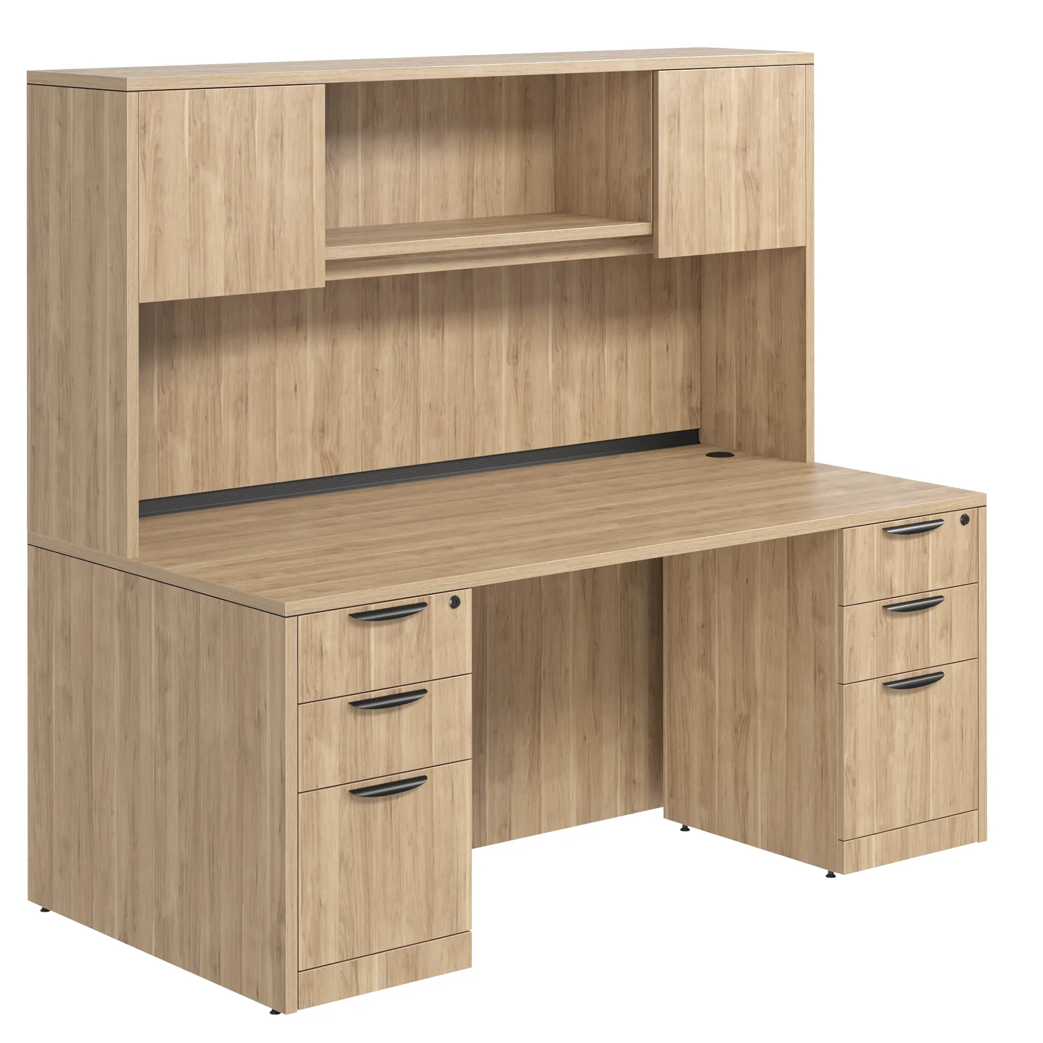 Desk 60in W x 24in D with Two 3 Drawer Pedestals and Wood Hutch with 2 Doors by PBD Furniture